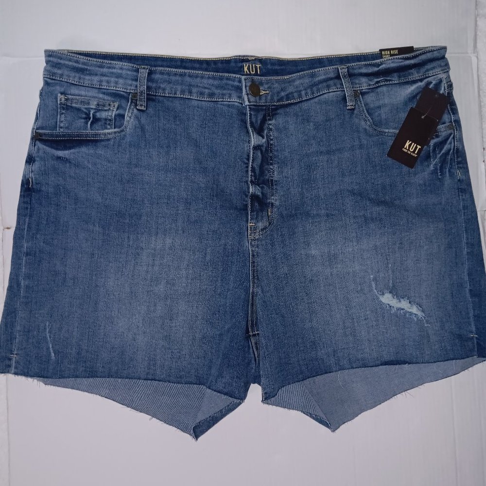 KUT FROM THE KLOTH HIGH RISE JEAN SHORTS RAW HEM BLUE PLUS SIZE 24W